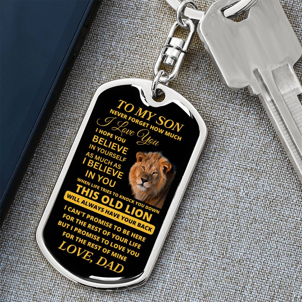 to-my son love dad dog tag lion_love dad Dog Tag Swivel Keychain