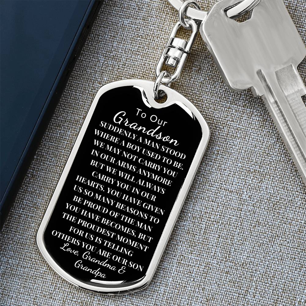 To Our Grandson Love, Grandma & Grandpa | Dog Tag Swivel Keychain