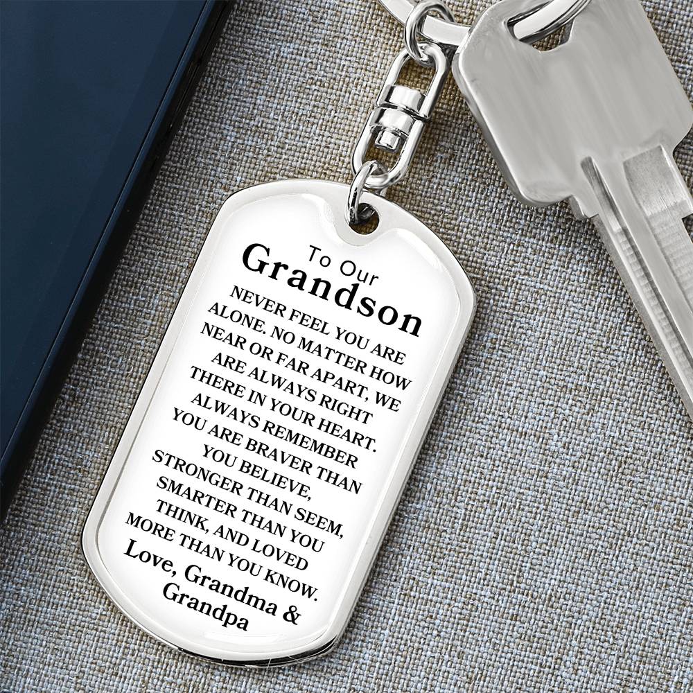 To Our Grandson Love, Grandma & Grandpa | Dog Tag Swivel Keychain