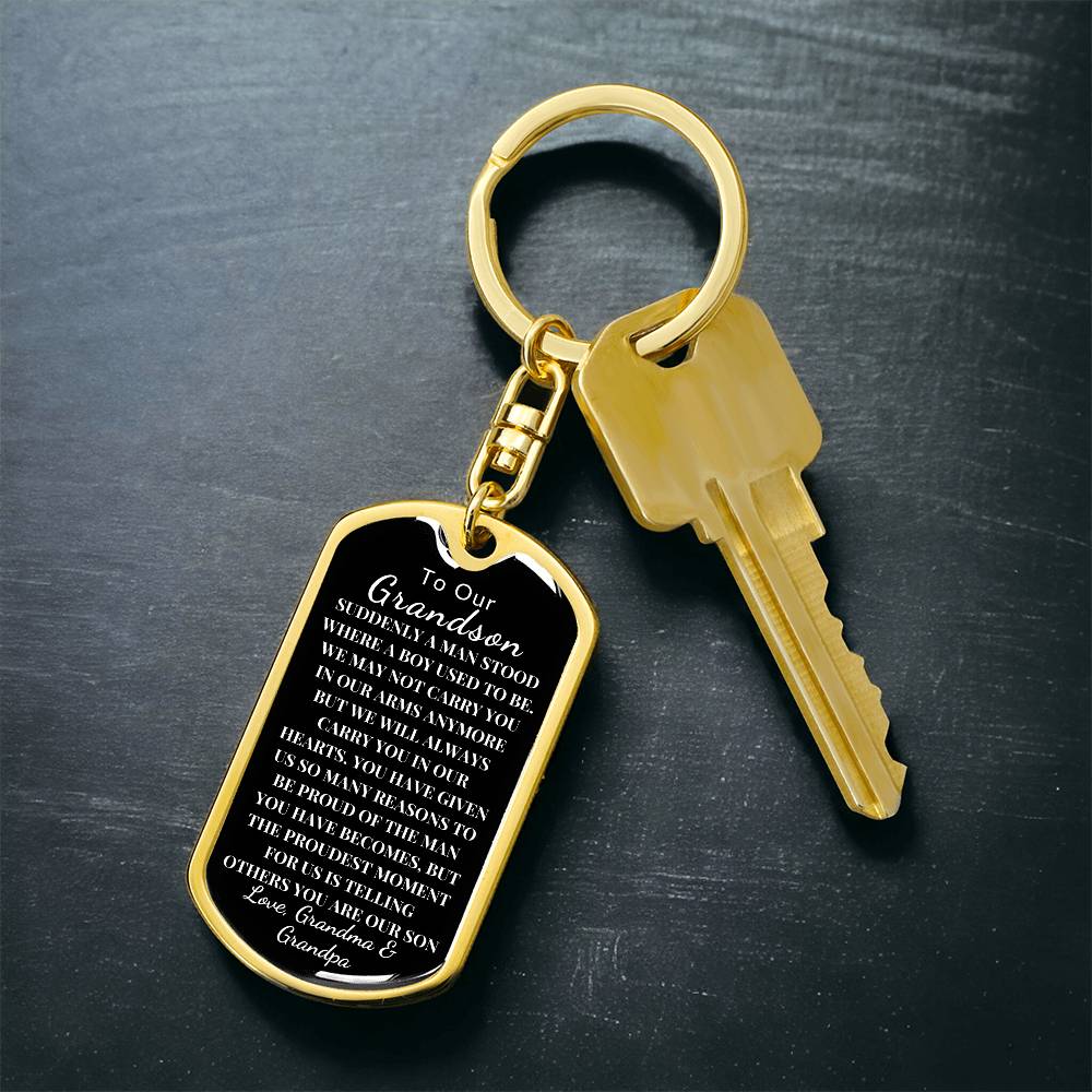 To Our Grandson Love, Grandma & Grandpa | Dog Tag Swivel Keychain