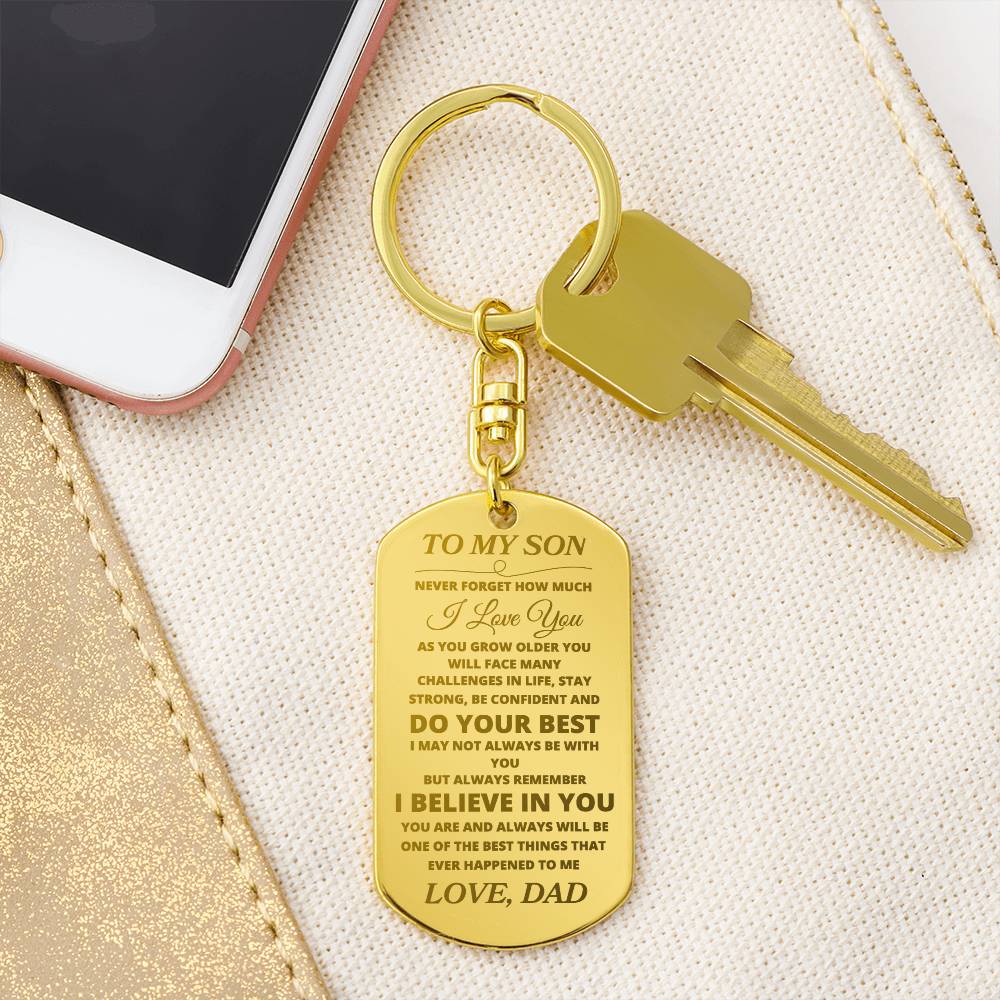 To My Son " Never Forget" Love, Dad Engraved Dog Tag keychain