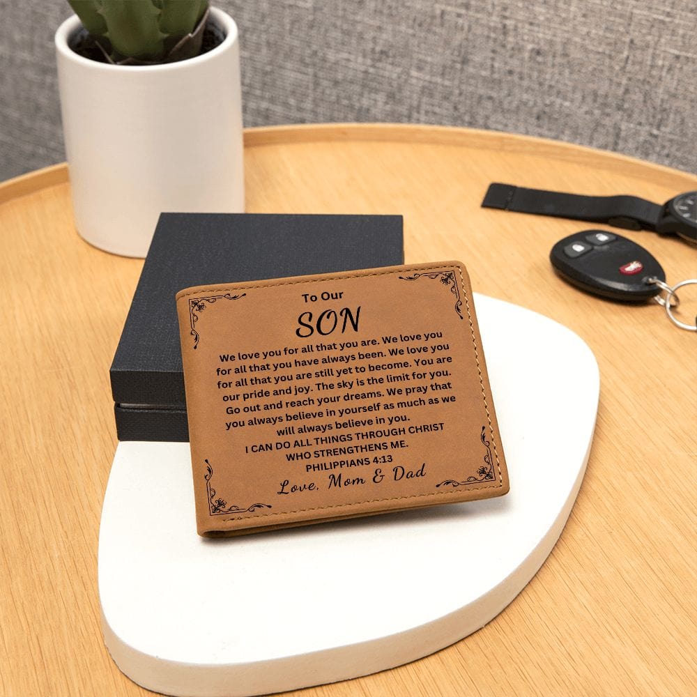 To Our Son " We Love You For All That You Are" Love Mom & Dad |  Men's Leather Wallet