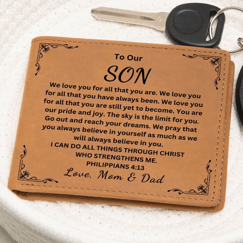 To Our Son " We Love You For All That You Are" Love Mom & Dad |  Men's Leather Wallet