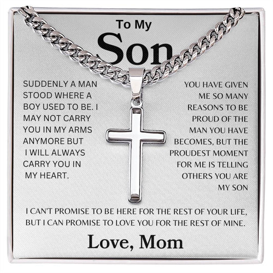 To My Son Love Mom Cuban Chain With Engraved Cross