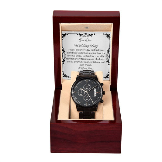 Gift For Groom On Wedding Day | From Bride | Black Chronograph Watch | Message Card