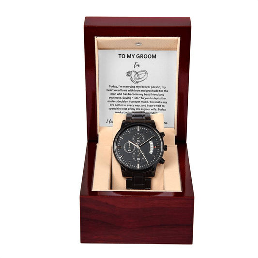 Groom Personalized Message Card Black Chronograph Watch