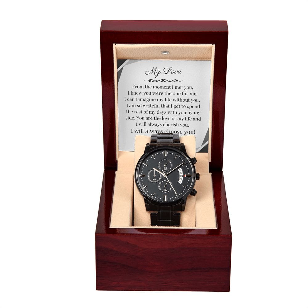 Gift For Groom On Wedding Day | From Bride |  Black Chronograph Watch | Message Card