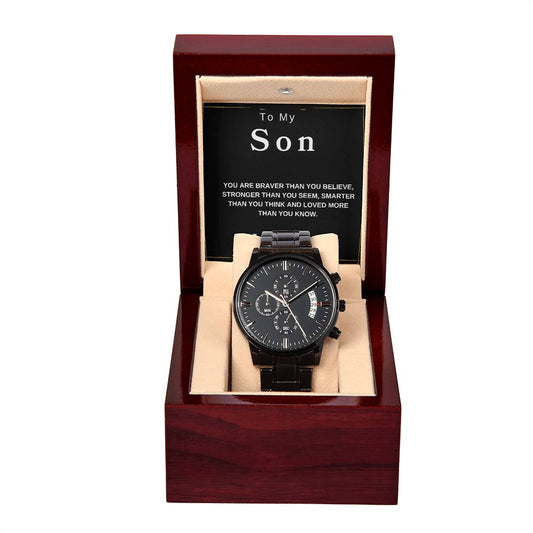 TO MY SON WATCH Black Chronograph Watch | Message Card