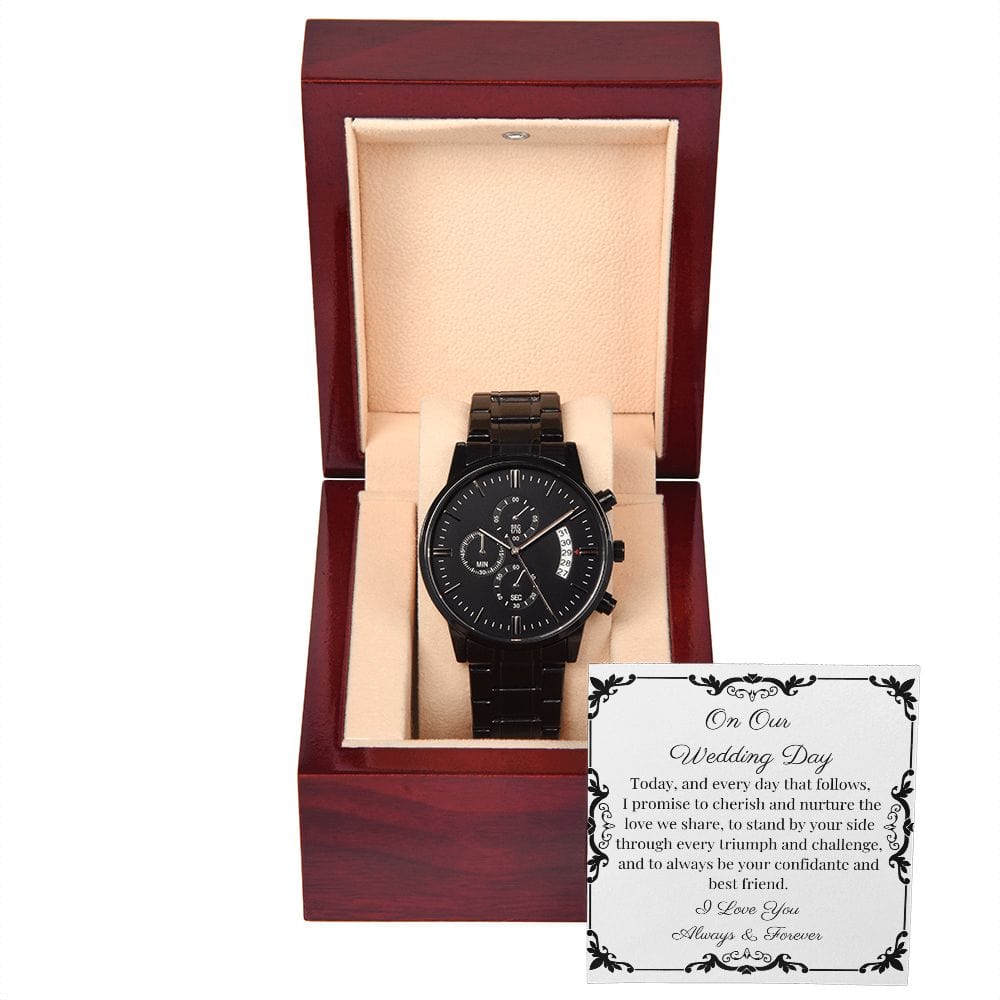 Gift For Groom On Wedding Day | From Bride | Black Chronograph Watch | Message Card