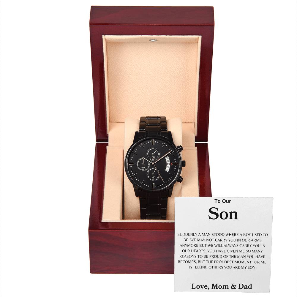 my-son-watch Black Chronograph Watch | Message Card