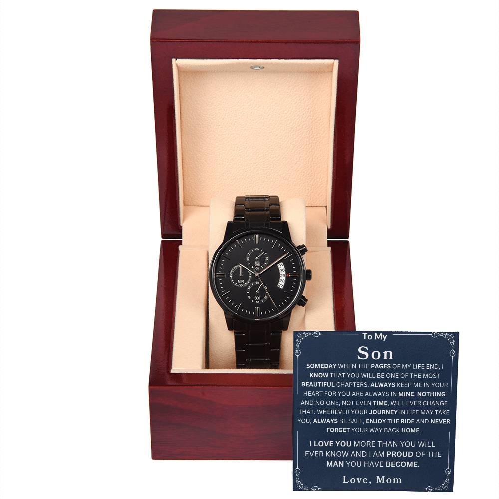 my-son-watch Black Chronograph Watch | Message Card