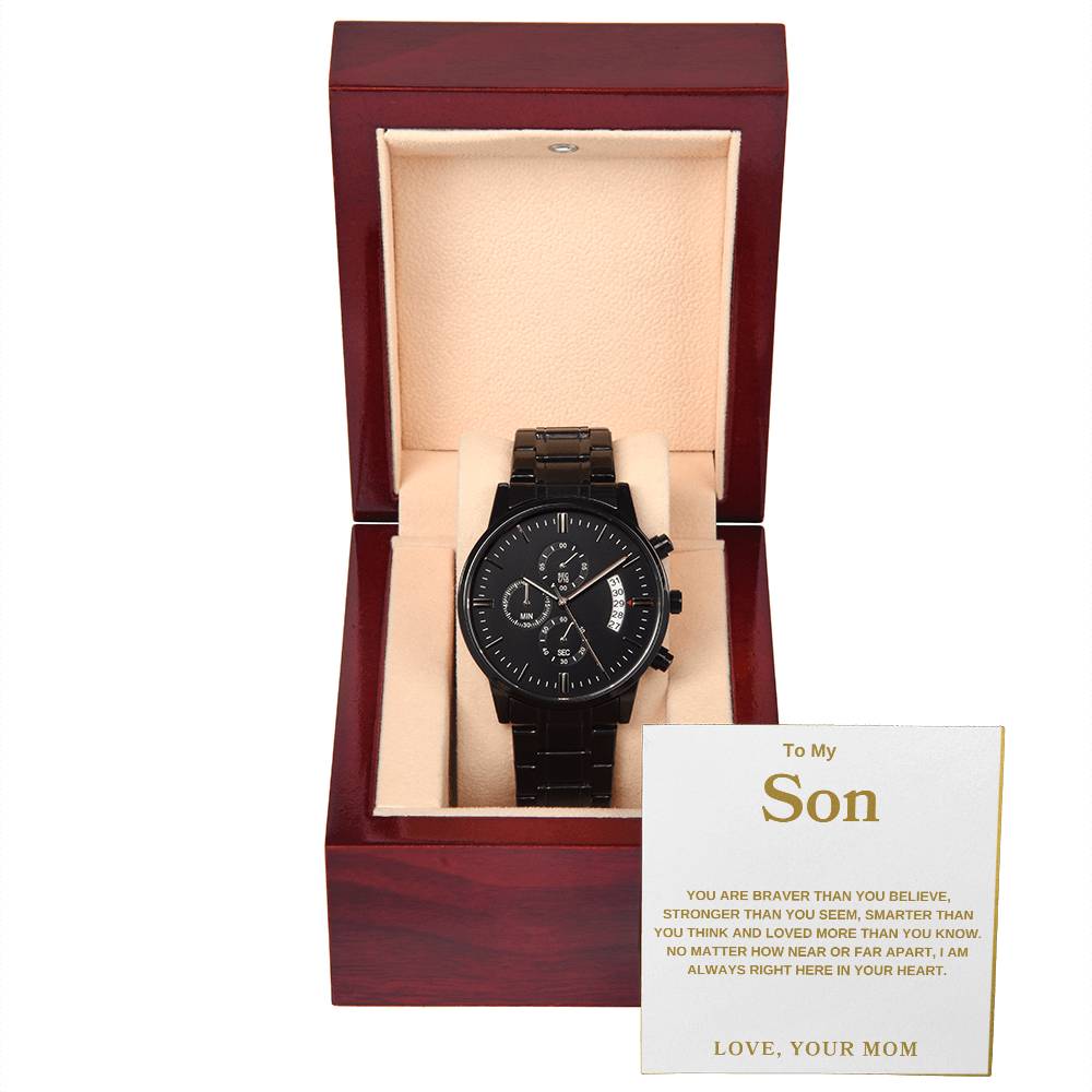 my-son-watch Black Chronograph Watch | Message Card