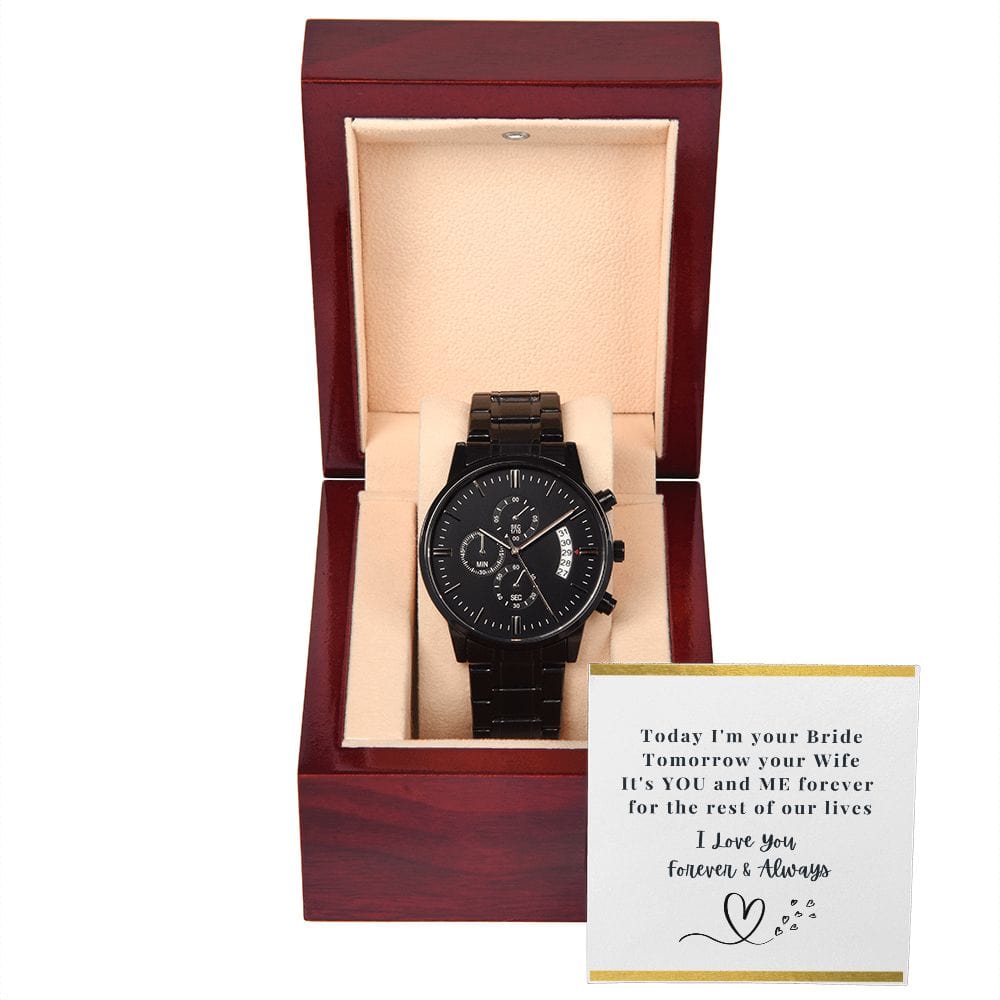 Gift For Groom On Wedding Day | From Bride | Black Chronograph Watch | Message Card