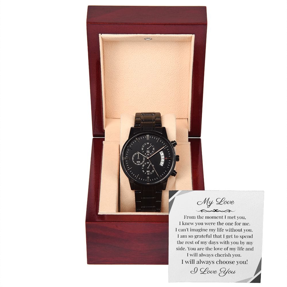 Gift For Groom On Wedding Day | From Bride |  Black Chronograph Watch | Message Card