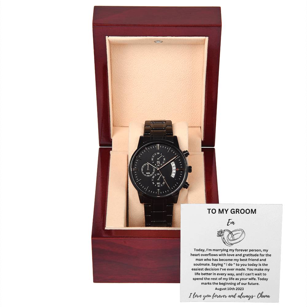 Groom Personalized Message Card Black Chronograph Watch