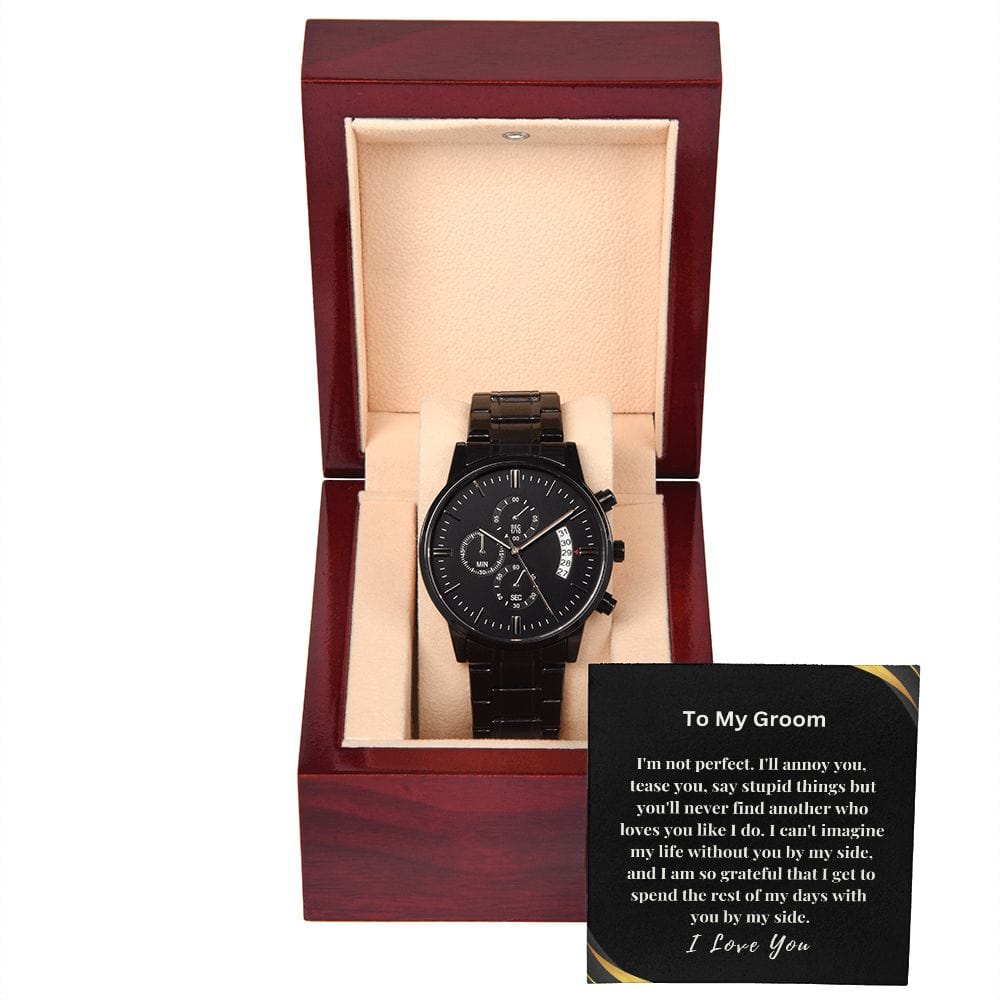 Gift For Groom On Wedding Day | From Bride |  Black Chronograph Watch | Message Card