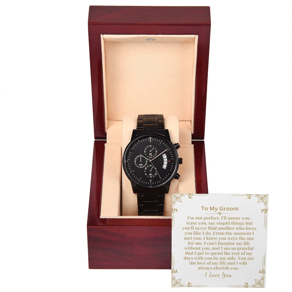 Gift For Groom On Wedding Day | From Bride |  Black Chronograph Watch | Message Card