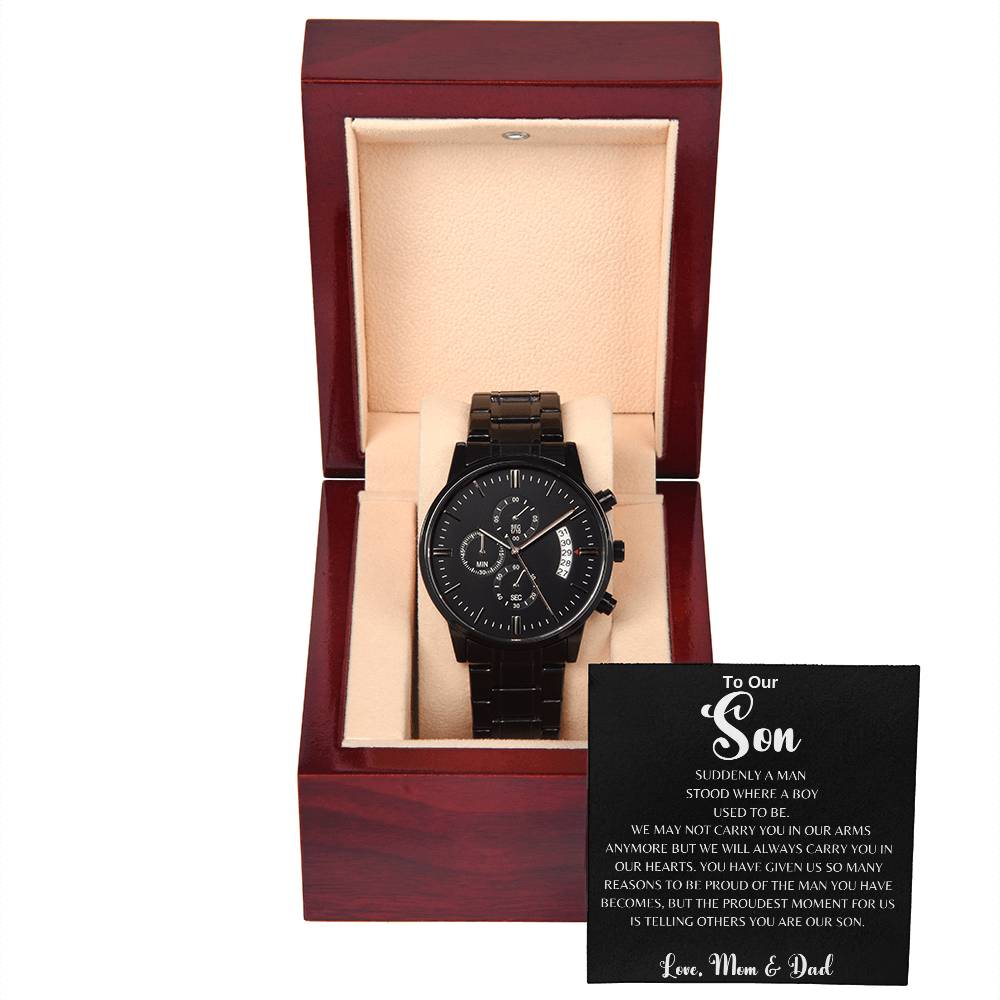 my-son-watch Black Chronograph Watch | Message Card