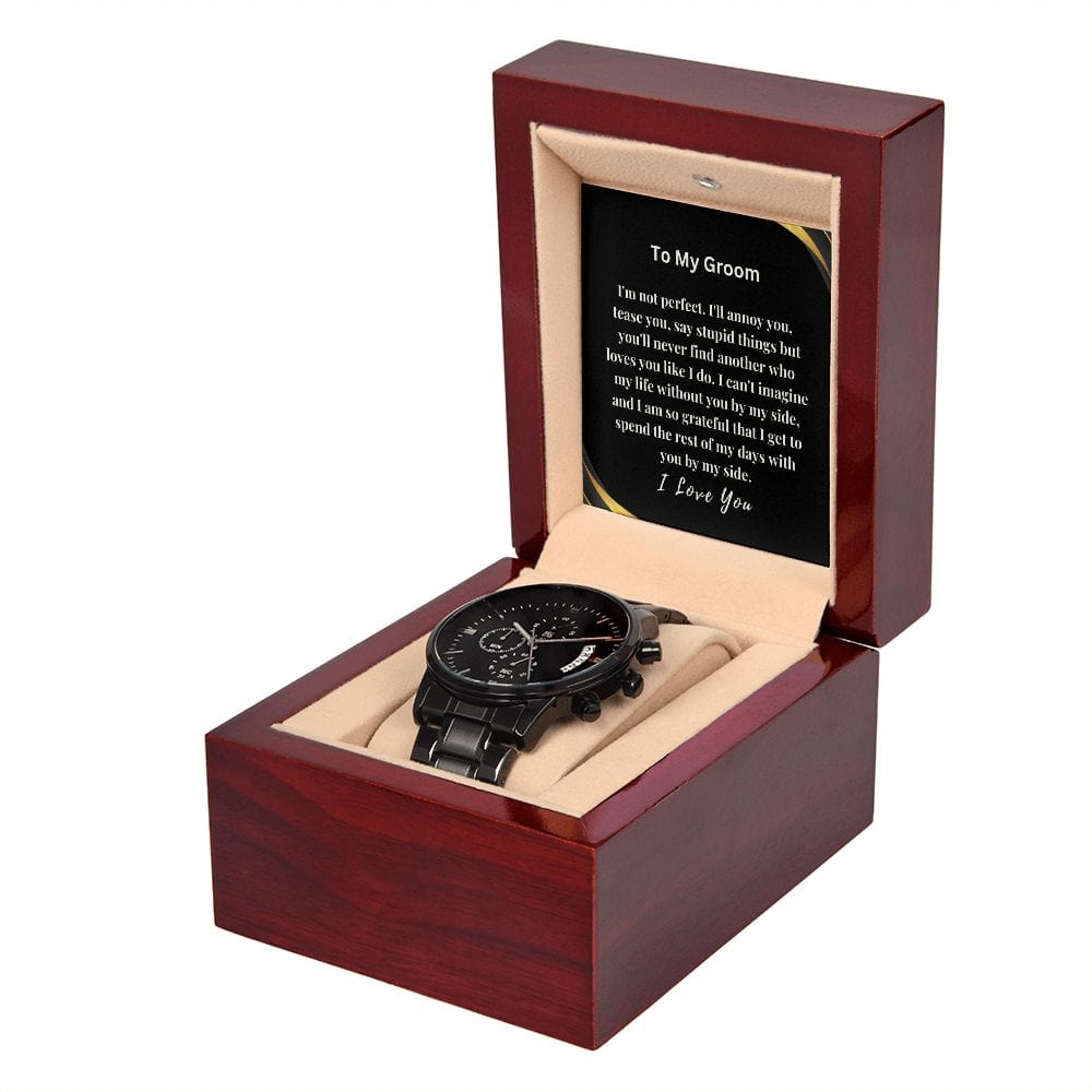 Gift For Groom On Wedding Day | From Bride |  Black Chronograph Watch | Message Card