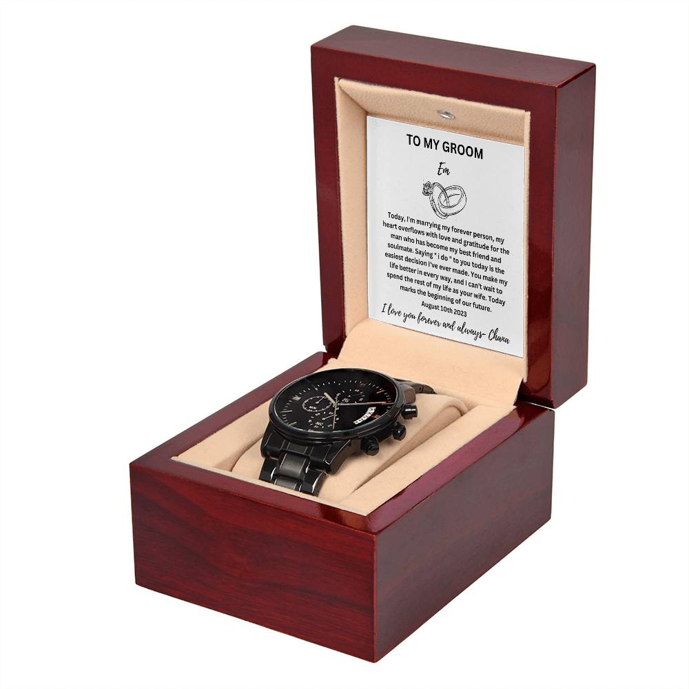 Groom Personalized Message Card Black Chronograph Watch