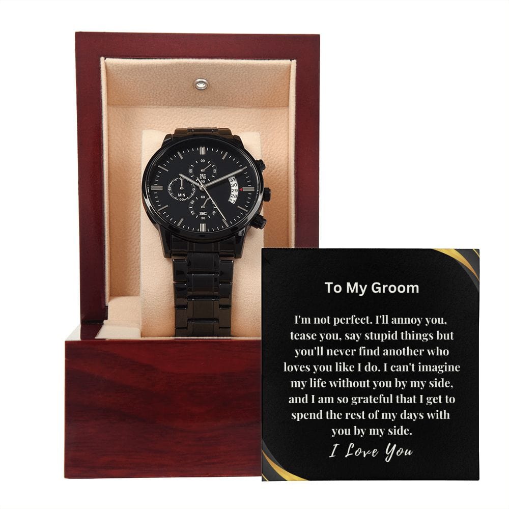 Gift For Groom On Wedding Day | From Bride |  Black Chronograph Watch | Message Card