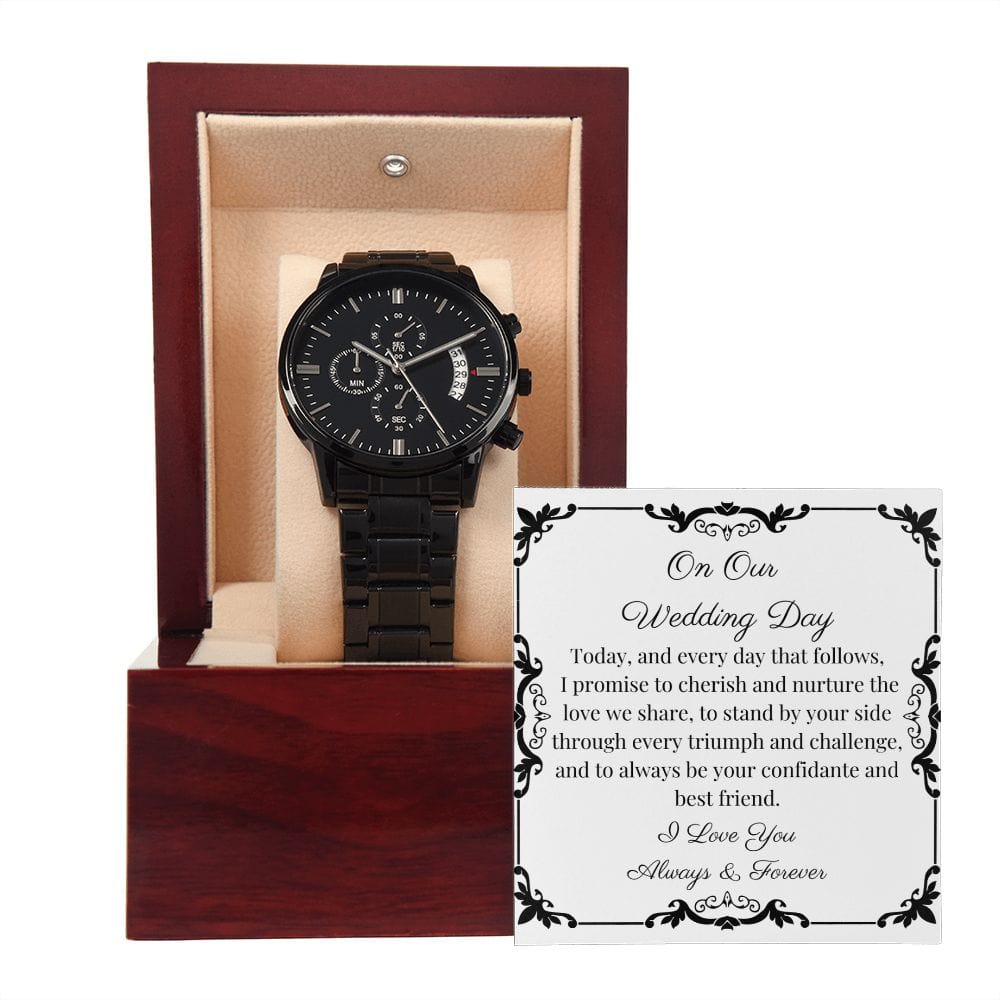 Gift For Groom On Wedding Day | From Bride | Black Chronograph Watch | Message Card