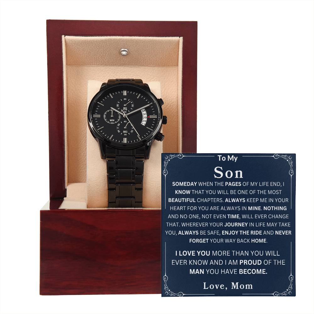 my-son-watch Black Chronograph Watch | Message Card