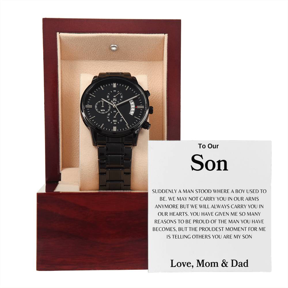 my-son-watch Black Chronograph Watch | Message Card