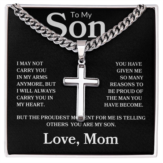 TO MY SON LOVE, MOM SON CROSS ON CUBAN CHAIN