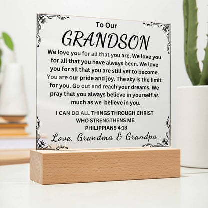 To Our Grandson " We Love you for All that you are"  Love Grandma & Grandpa | Acrylic Square Plaque