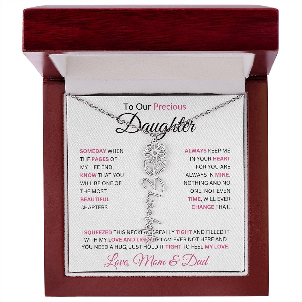 To Our Precious Daughter " Someday When The Pages Of My Life End" Love Mom & Dad | Birth Flower Name Necklace