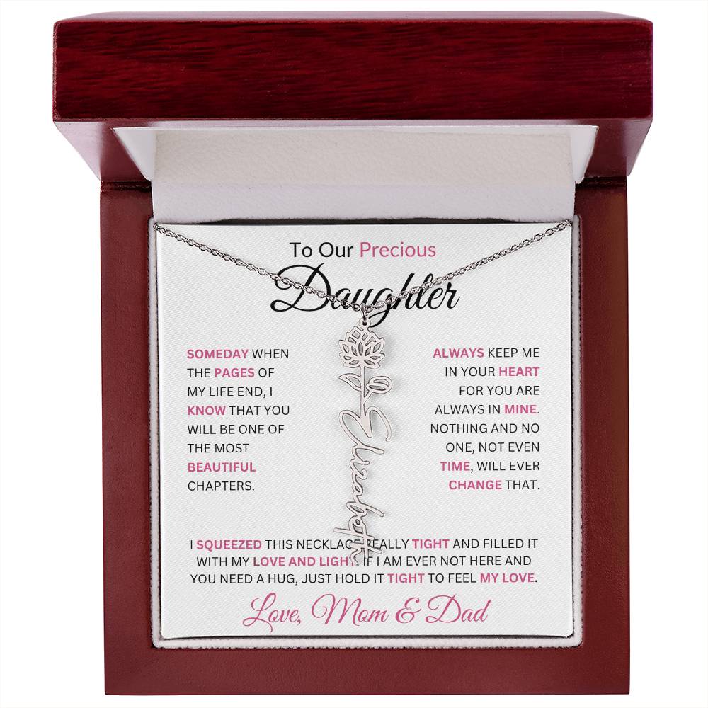 To Our Precious Daughter " Someday When The Pages Of My Life End" Love Mom & Dad | Birth Flower Name Necklace