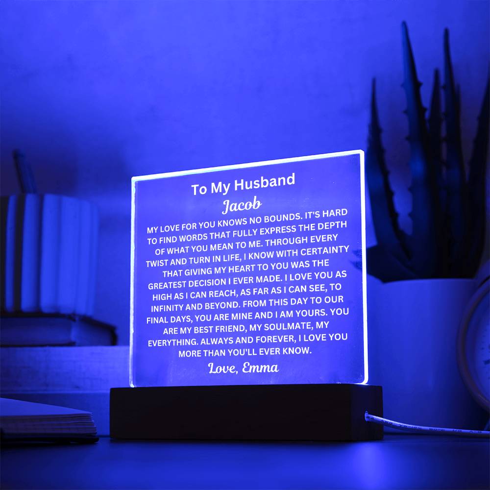 To My Husband " My Love For You Knows No Bounds" Husband Acrylic Square Lamp