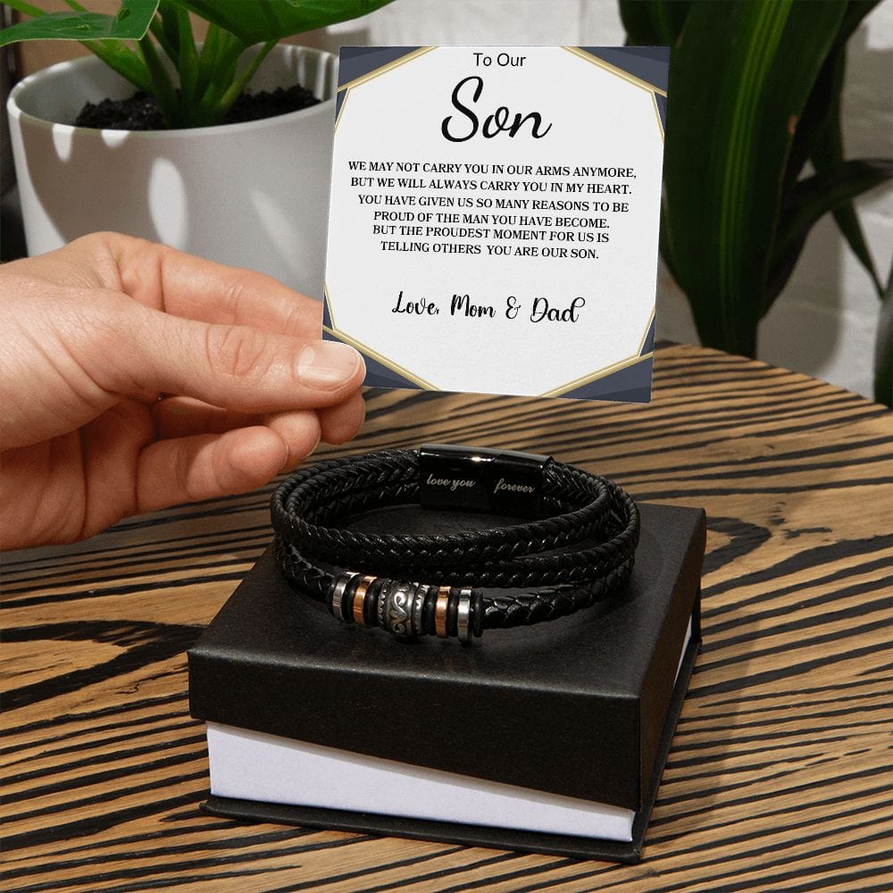 To Our Son "We May Not Carry You In our Arms Anymore" Love mom & Dad  - Mens Bracelet