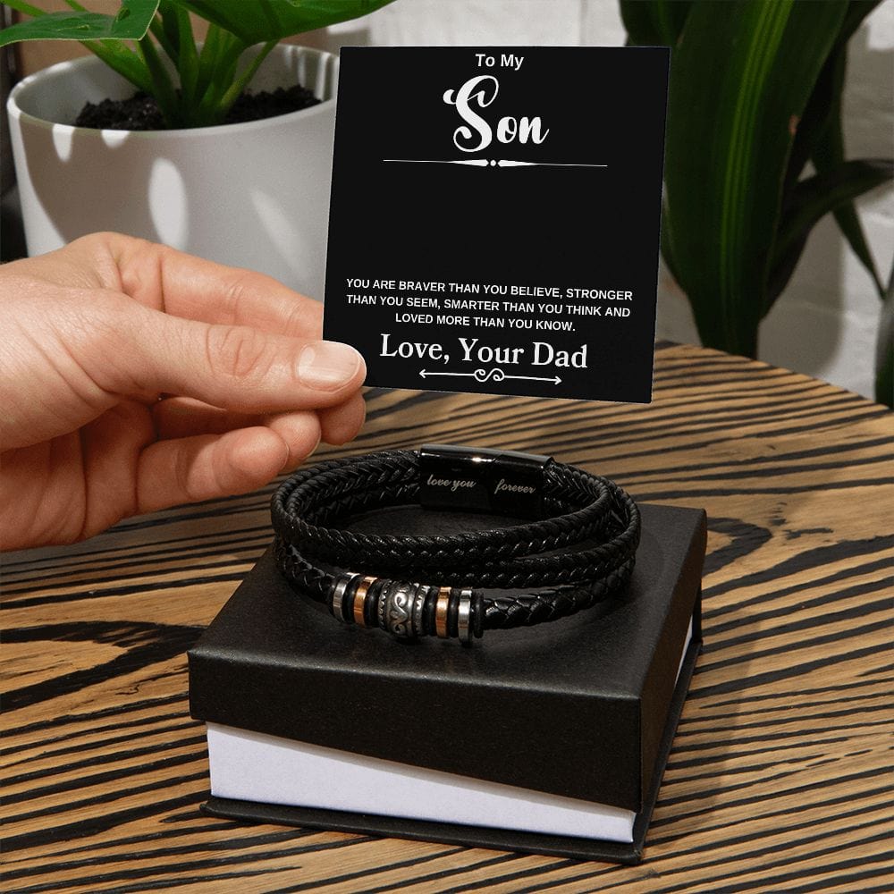 To My Son " You Are Braver Than You Believe" Love Dad  Love You Forever Men's Bracelet