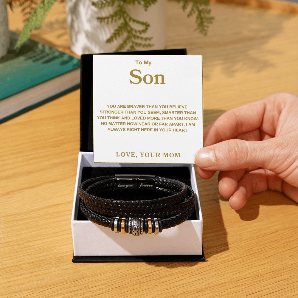 To My Son " You Are Braver Than You Believe" Love Mom  Love You Forever Men's Bracelet