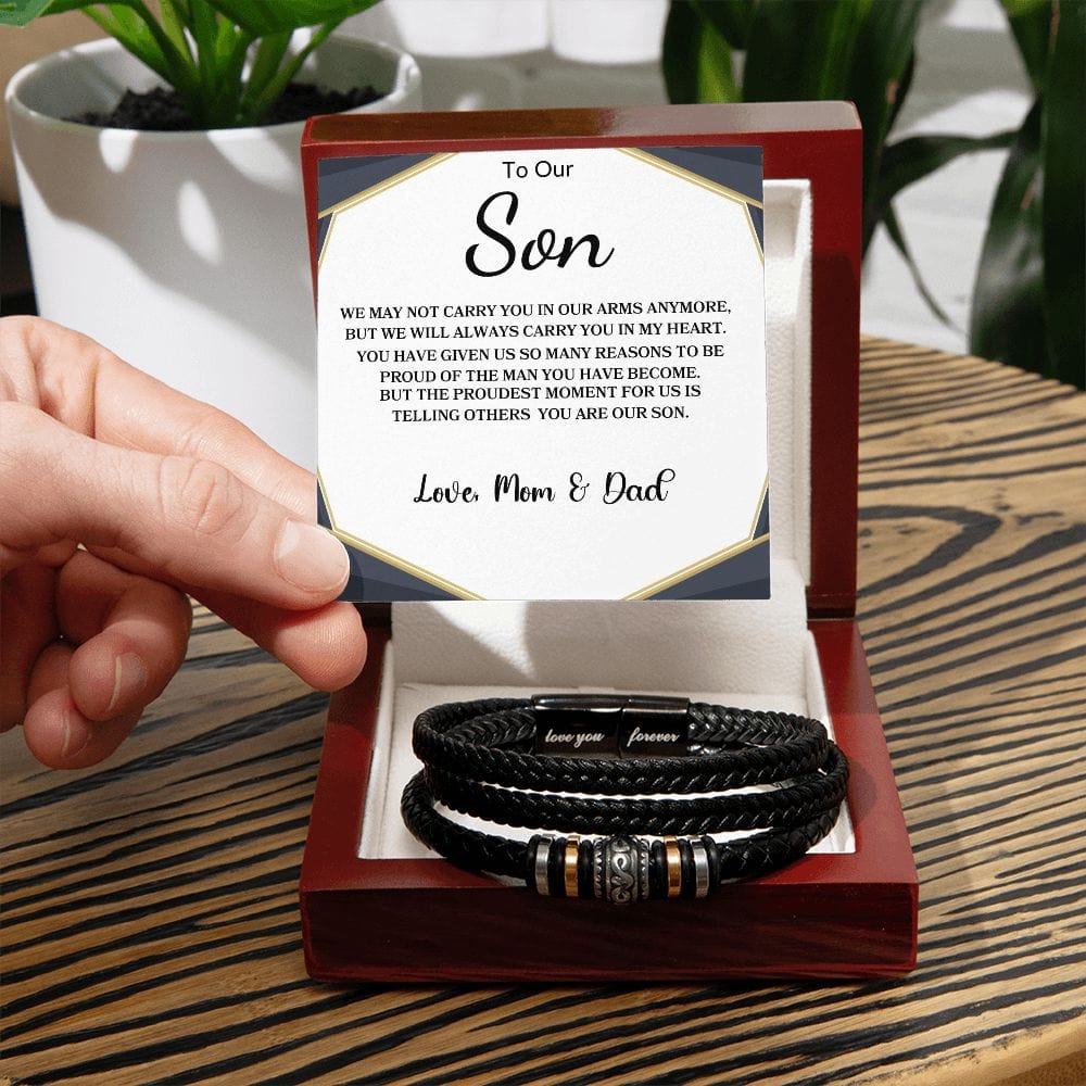 To Our Son "We May Not Carry You In our Arms Anymore" Love mom & Dad  - Mens Bracelet