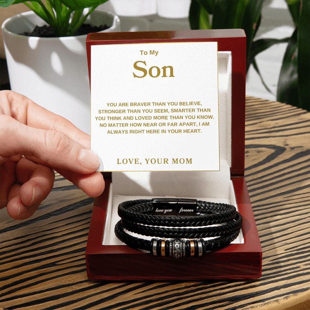 To My Son " You Are Braver Than You Believe" Love Mom  Love You Forever Men's Bracelet