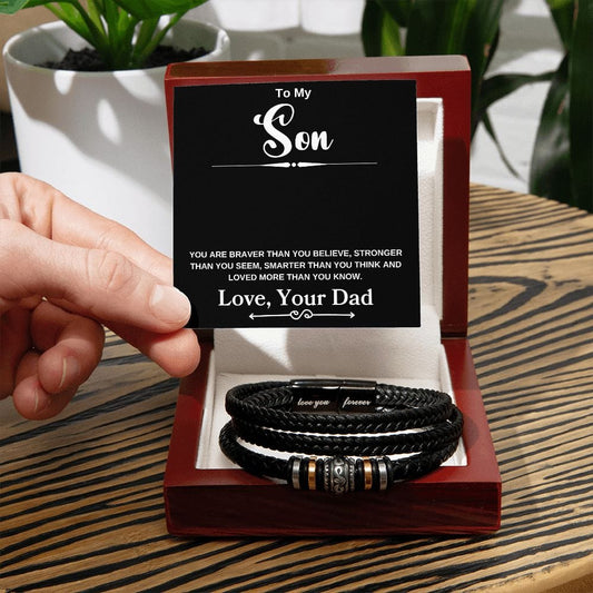 To My Son " You Are Braver Than You Believe" Love Dad  Love You Forever Men's Bracelet