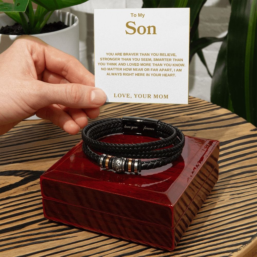 To My Son " You Are Braver Than You Believe" Love Mom  Love You Forever Men's Bracelet