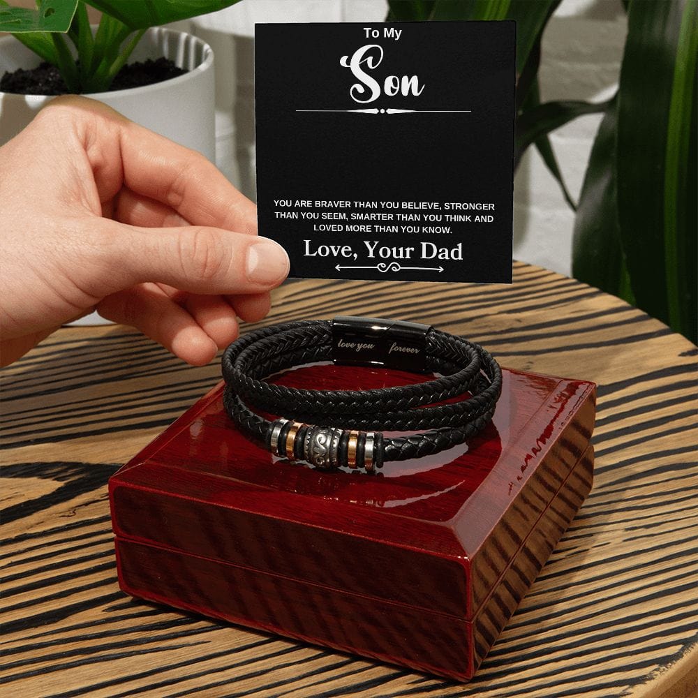 To My Son " You Are Braver Than You Believe" Love Dad  Love You Forever Men's Bracelet