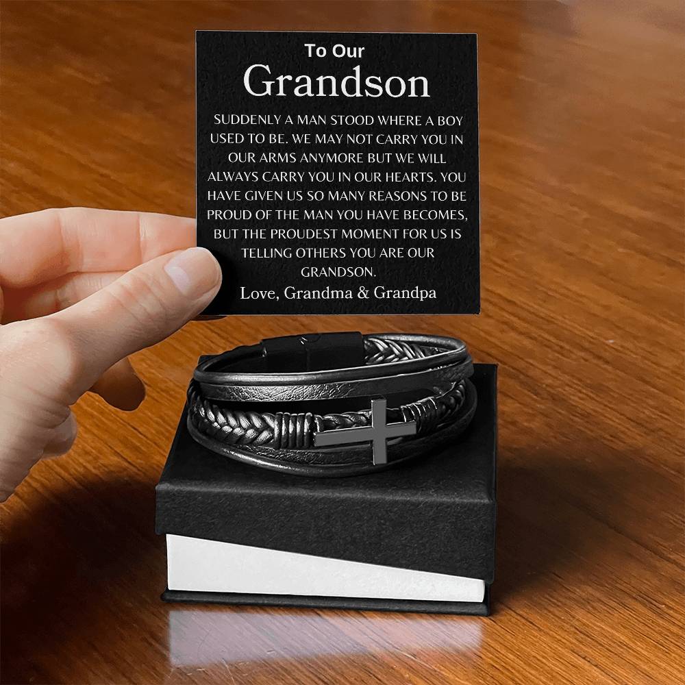 To Our GrandsonLove, Grandma & Grandpa Men's Cross Bracelet