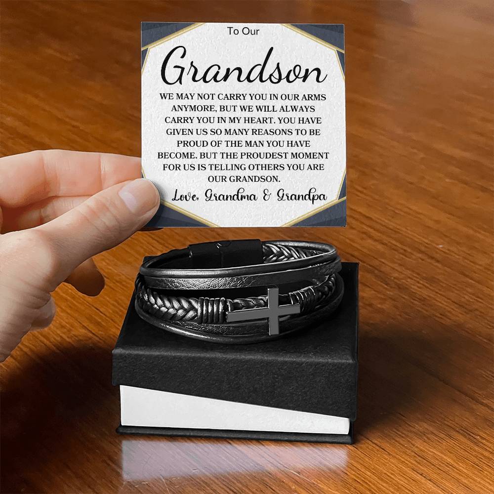 To Our Grandson Love, Grandma & Grandpa | Men's Cross Bracelet