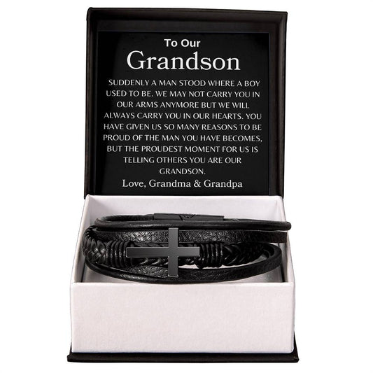 To Our GrandsonLove, Grandma & Grandpa Men's Cross Bracelet
