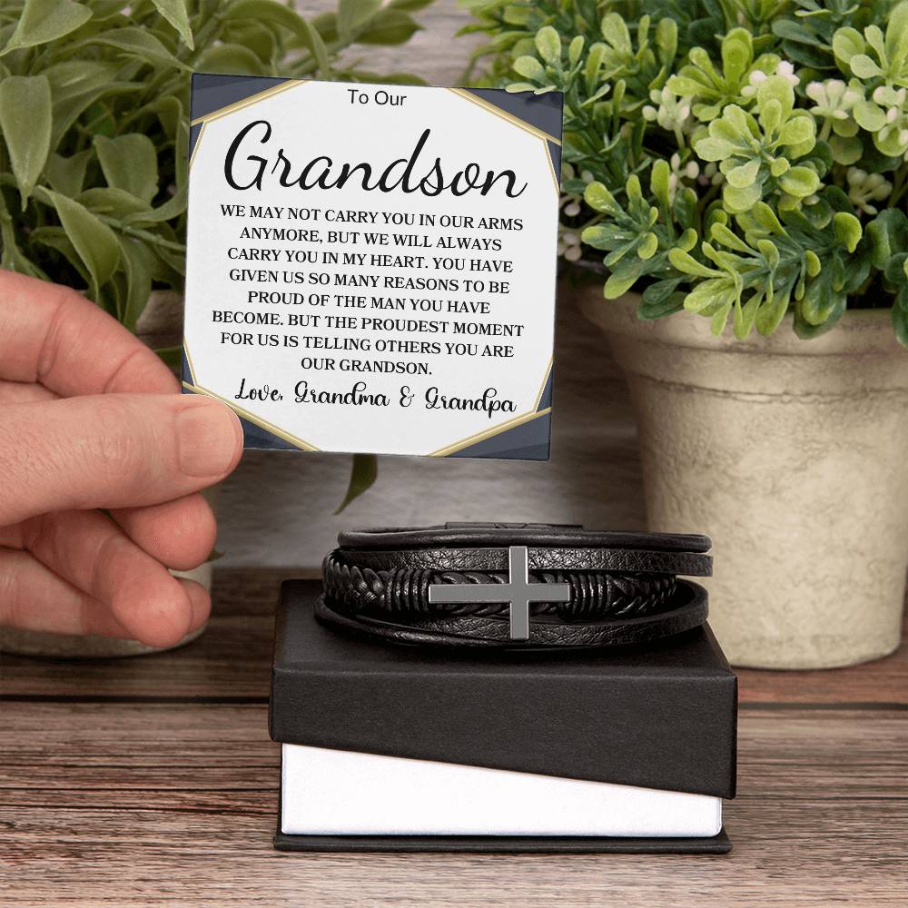 To Our Grandson Love, Grandma & Grandpa | Men's Cross Bracelet