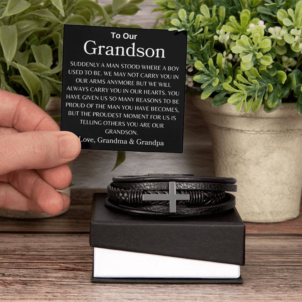 To Our GrandsonLove, Grandma & Grandpa Men's Cross Bracelet