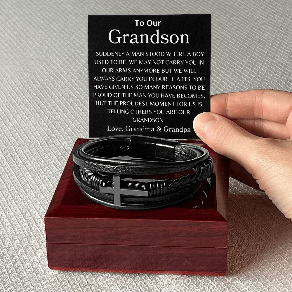 To Our GrandsonLove, Grandma & Grandpa Men's Cross Bracelet