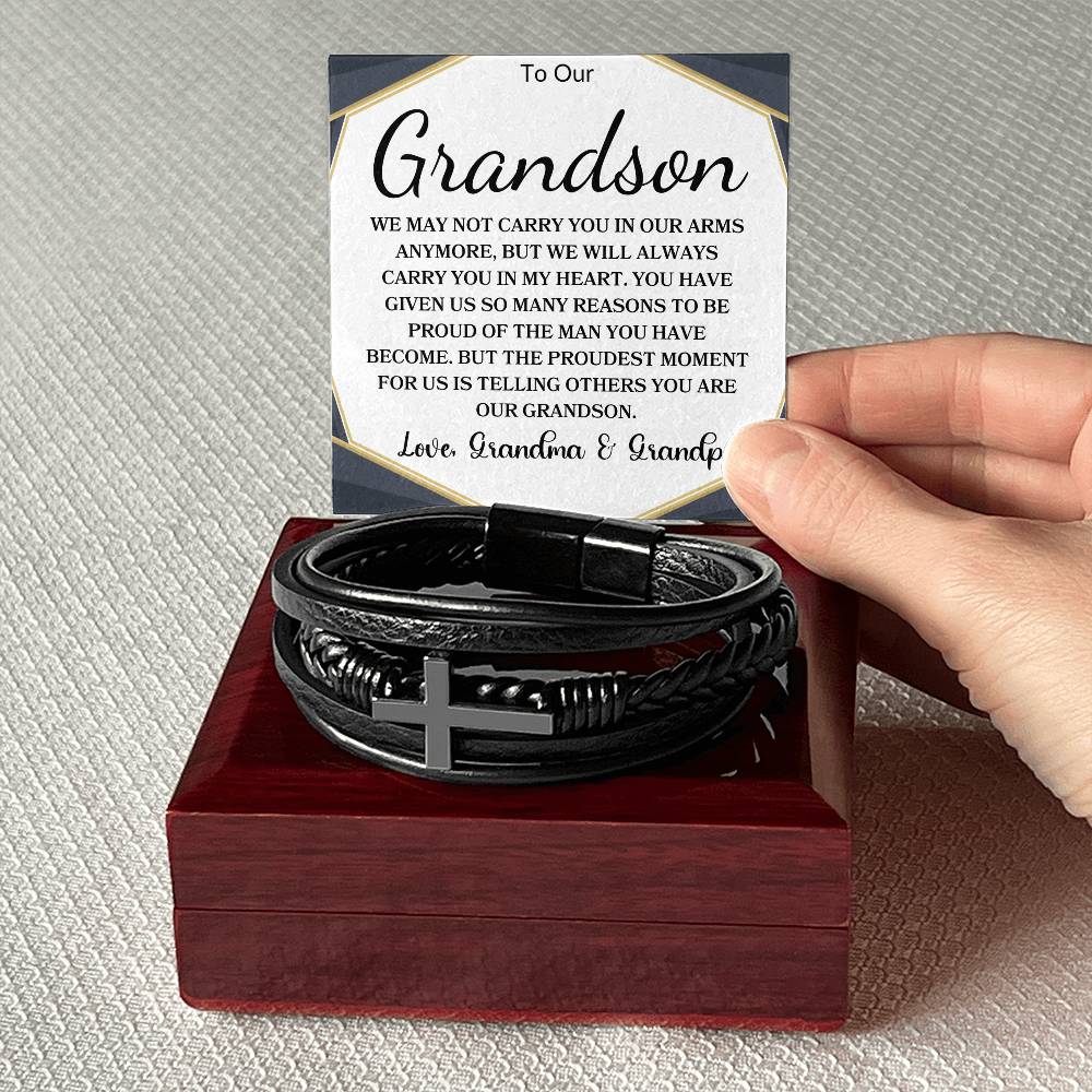 To Our Grandson Love, Grandma & Grandpa | Men's Cross Bracelet