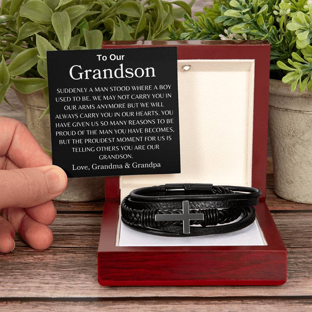 To Our GrandsonLove, Grandma & Grandpa Men's Cross Bracelet