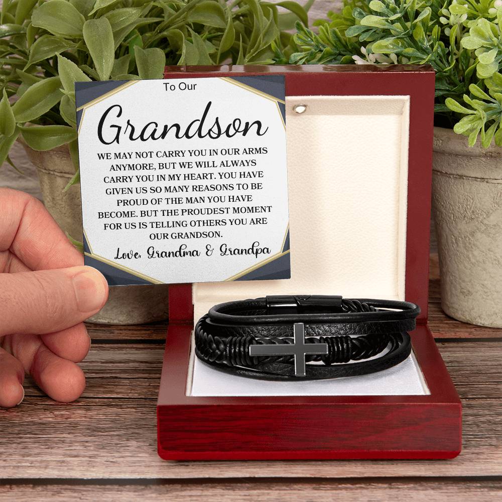 To Our Grandson Love, Grandma & Grandpa | Men's Cross Bracelet